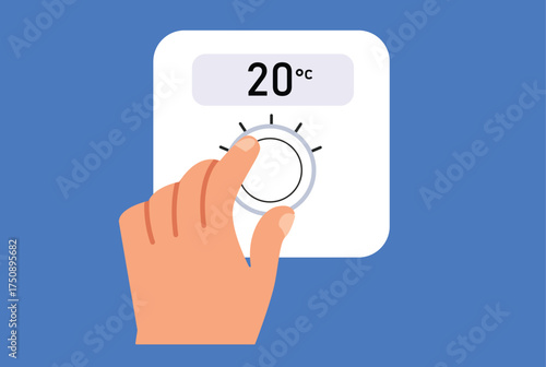 Smart home thermostat illustration showing person adjusting digital temperature control device. Concept of energy efficiency, heating, cooling, climate automation, and comfort technology in modern.
