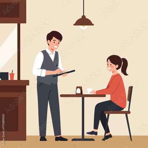 Waiter taking an order from a seated woman at a table in a cafe
