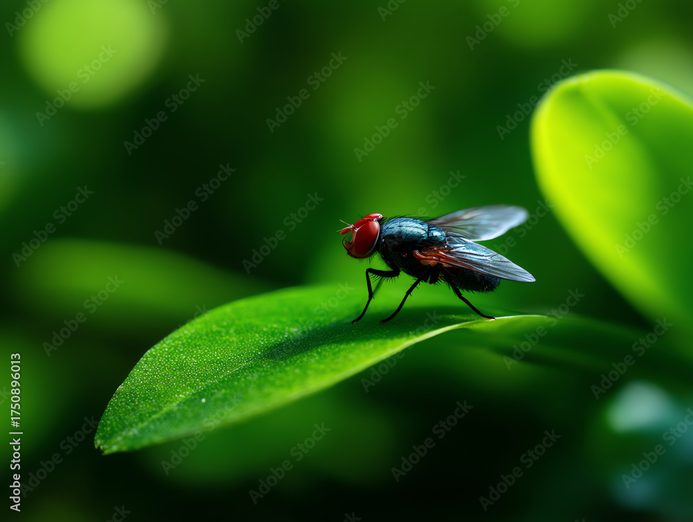 Fototapeta premium Close-up of a blue bottle fly with red eyes perched on a vibrant green leaf against a blurred natural background