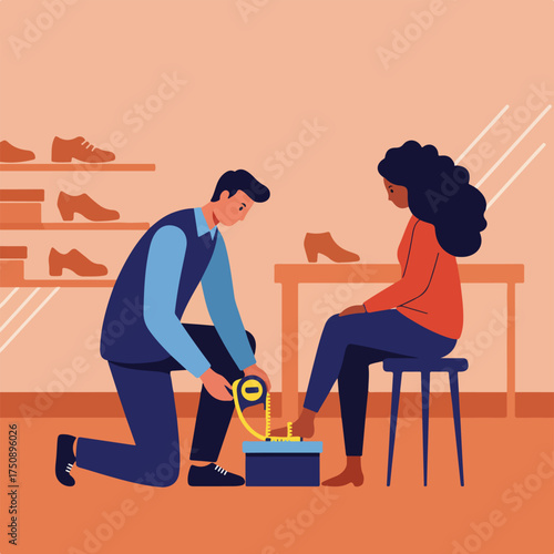 Shoemaker measuring customer's foot with tape measure in shoe shop