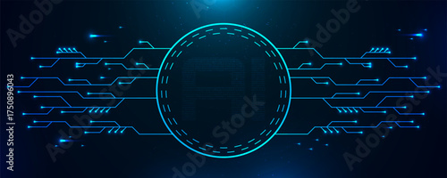 AI technology concept with glowing circuit lines and binary code. Artificial intelligence digital background with blue neon effects. Vector illustration.