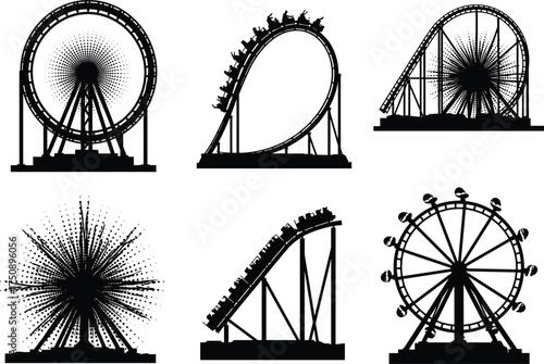 Amusement park ride silhouettes, Ferris wheel, roller coaster, burst pattern, thrilling attractions, black icons, festive fun, vector style, entertainment symbols, dynamic motion, graphic design