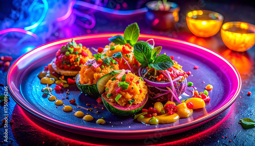 Vibrant Culinary Artistry Exquisite Gourmet Appetizers Presented on a Neon-Lit Plate, Showcasing a Hyperrealistic Fusion of Fresh Ingredients and Dynamic Colors in a Modern, Atmospheric Setting