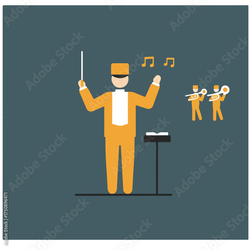 Graphic image of a conductor with two horn players and music notes