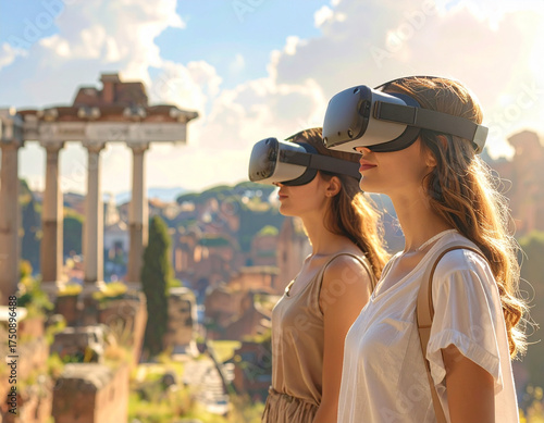 Young women experience ancient Rome through immersive virtual reality headsets at historic ruins