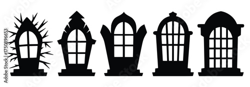 Elegant Window Silhouette: A collection of ornate window silhouettes showcasing various architectural styles. Each window frame provides a peek into the intricate designs and shapes.
