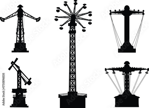 Amusement park ride silhouettes, swing carousel vector, rotating thrill rides, black isolated icons, theme park attractions, funfair entertainment graphic, pendulum ride illustration