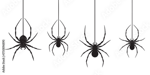 Creepy hanging spider silhouettes for Halloween decorations and spooky designs, creating a scary and thrilling atmosphere with arachnids