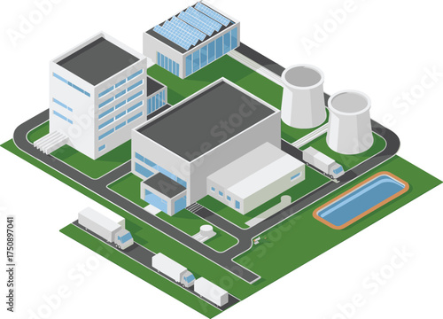 Isometric 3D illustration of modern innovation hub with solar panels and trucks, sustainable industrial complex, eco friendly technology center