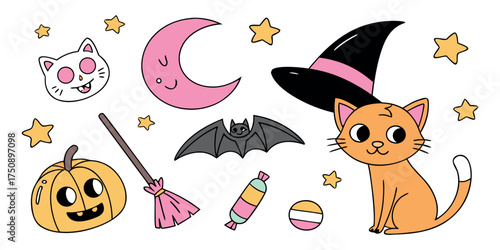 Spooky Halloween Cute Icon Set with Cat, Pumpkin, Moon, Bat, Candy, and Witch Hat for Festive Designs and Creative Projects, Vector Origin