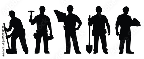 Building Team Silhouettes: Silhouetted figures of construction workers, each diligently focused on their specific task, symbolizing dedication and precision.