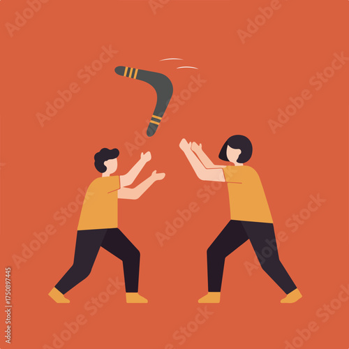 Two figures prepare to catch a boomerang on a burnt orange backdrop