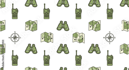 Seamless pattern of outdoor adventure and exploration equipment in line style. Repeat background with map, compass, binoculars, and walkie-talkie icons on a white backdrop. Vector illustration for tra