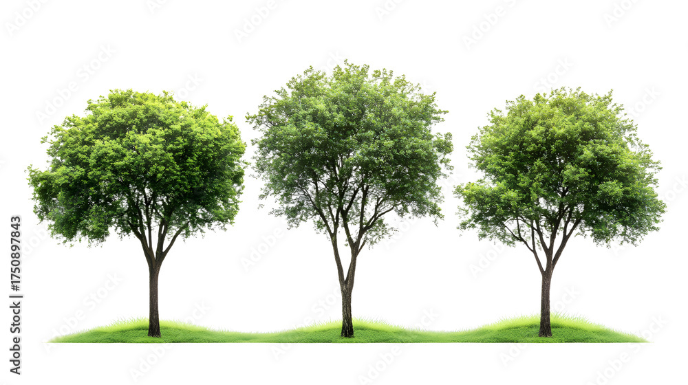 Obraz premium Three lush green spherical topiary trees in a row on grass isolated on transparent background
