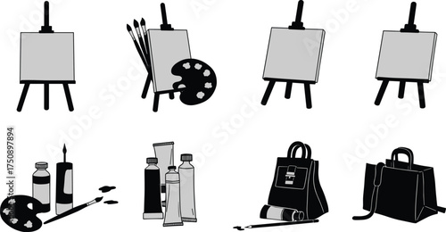 Art supplies silhouette, easel with canvas, paintbrush and palette, paint tubes, backpack, satchel bag, black outline, creative tools illustration