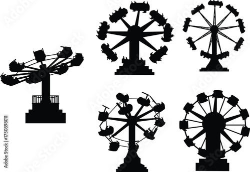 Amusement park spinning ride silhouettes, rotating attractions vector set, black icons, carnival funfair graphics, theme park entertainment, isolated minimal design elements