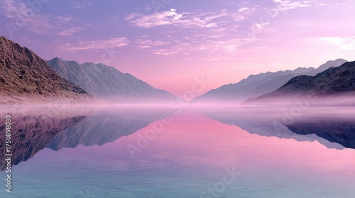 Mountain landscape at sunrise with fog over the lake and a bright sky reflection on the water