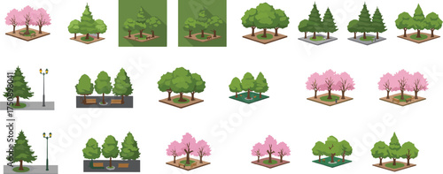 Isometric vector illustration of park trees with benches, cherry blossoms, pine, and green foliage for landscape design on white background.