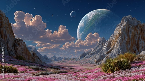 Scenic sunrise view over snow-capped mountain peaks and clouds