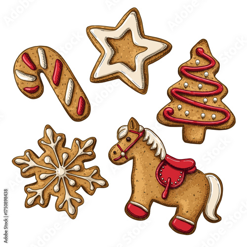 Christmas gingerbread hand drawn cookies. Christmas tree, star, horse, candy, snowflake. Vector illustration.