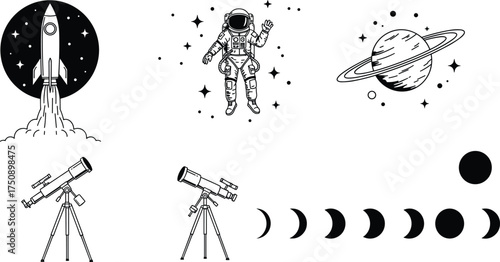 Space exploration silhouette, rocket launch, astronaut floating, planet with rings, telescope observation, moon phases, astronomy science, cosmic illustration, black outline, universe