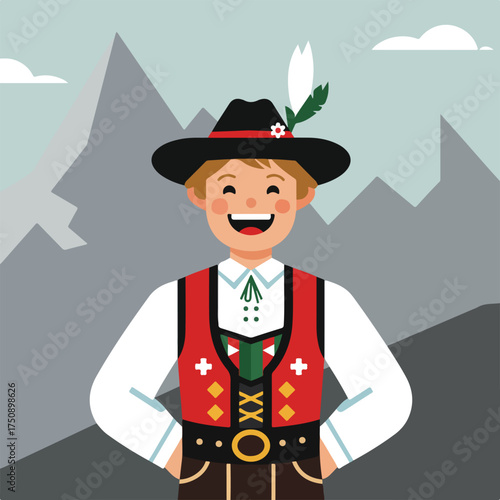 Smiling man in traditional Swiss attire before a mountain range backdrop