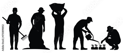 Garden Harmony: Silhouette of people tending a garden. Each person is engaged in a vital part of gardening, working in unison to cultivate the soil and nurture the plant