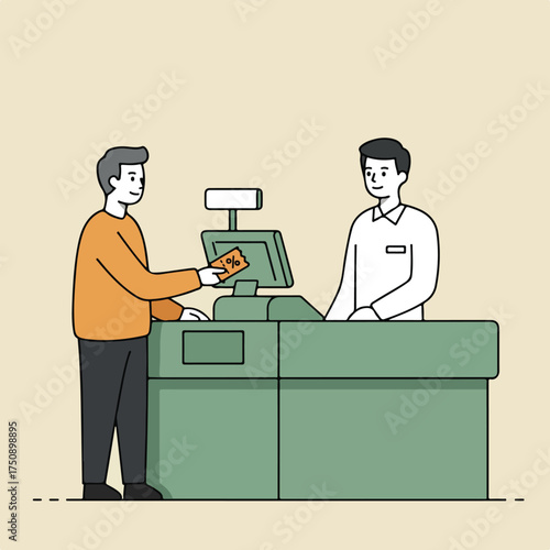 Shopper gives cashier a discount coupon at the register