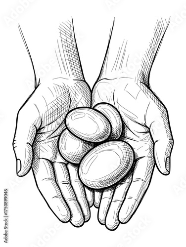 Cupped Hands Holding Stones in Hand-Drawn Line Art. Vector Illustration for Mindfulness and Wellness.