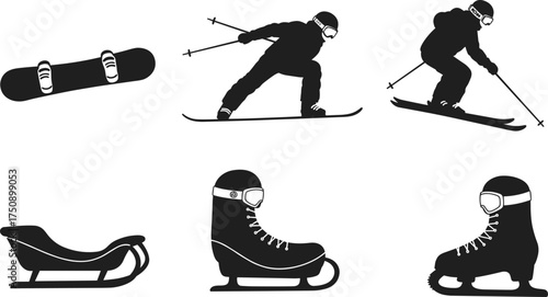 Winter sports silhouette, skiing, snowboarding, ice skating, sledding, black and white outline, cold season activity, outdoor recreation, equipment illustration, athlete