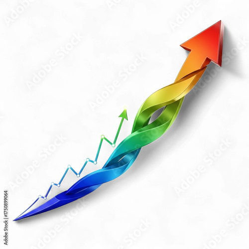 Colorful abstract arrow symbolizing growth success and positive trends with a chart line isolated on transparent background