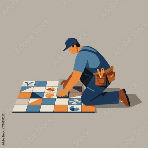 Tiler in blue overalls smoothing tiles
