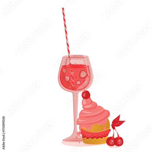 Summer strawberry refreshment cocktail. Strawberry cupcake. Summer vibe. Heat. Relaxation. Cartoon-style vector illustration. Cherry cupcake.
