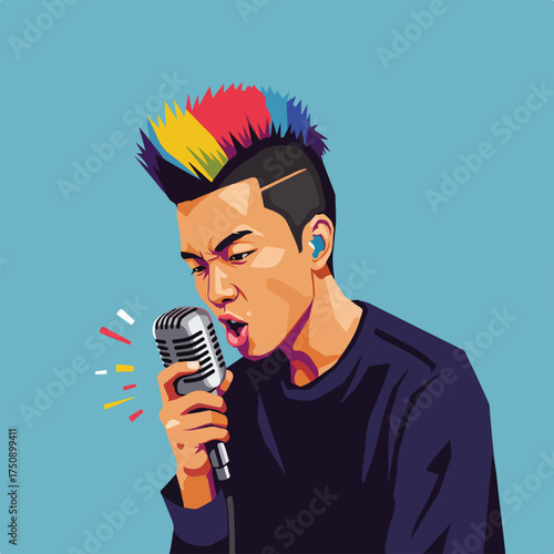Singer with colored mohawk performing into a retro microphone on blue background