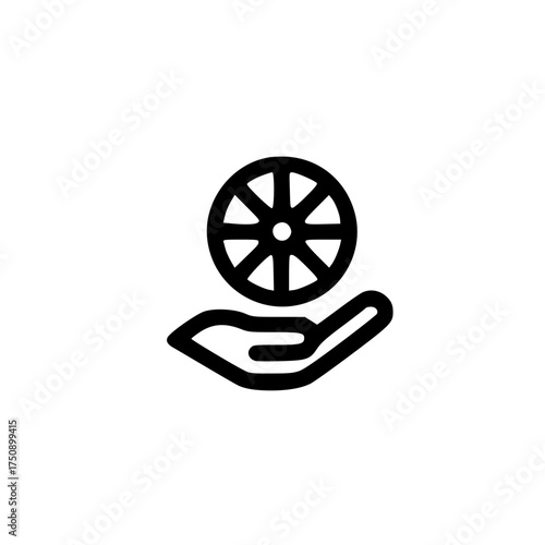 Hand holding a wheel rim icon symbolizing automotive care repair service and spare parts