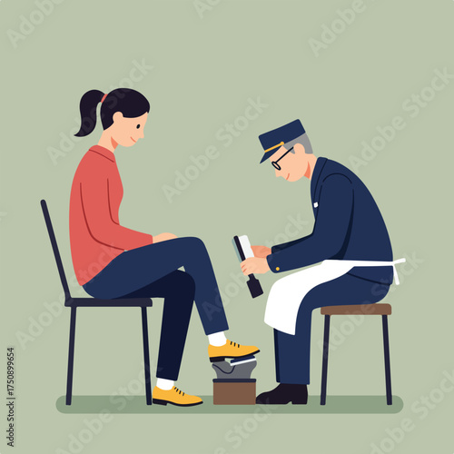 Woman getting shoes shined by a man in uniform