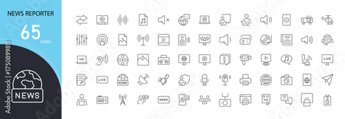 News reporter related icons set including journalism, media, microphone, live news, press, communication, broadcast, and television. Editable stroke and clean outline icons suitable for professional.