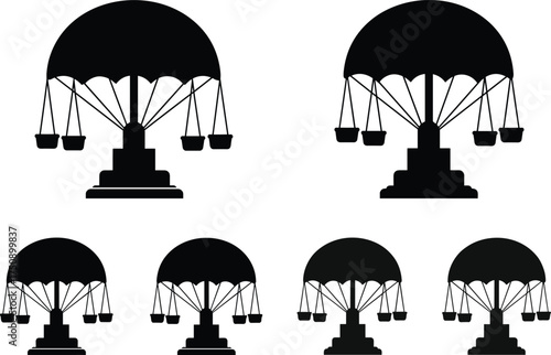 Swing ride silhouette, amusement park attraction, carnival chair-o-plane vector, black theme, suspended seats, central column structure, festive fairground icon, minimal design illustration