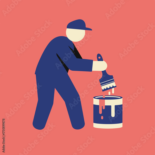Painter dipping brush in paint bucket, simple vector on coral background