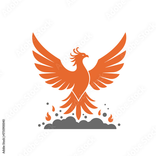Rising phoenix icon with spread wings, over cloud of ash and flames