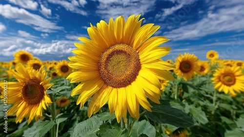 A bright yellow sunflower field blossoms beneath a vibrant blue summer sky