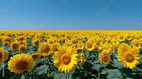 Bright yellow sunflowers stretch across a vast field beneath a clear blue summer sky