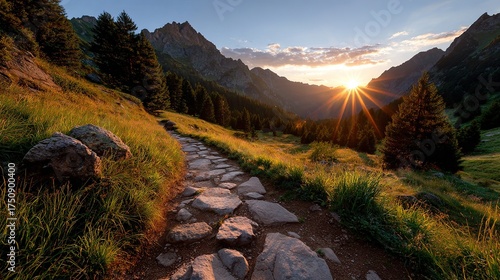A breathtaking mountain landscape reveals a scenic valley and a winding river beneath a bright morning sky, with snow dusting the peaks and a forest of green trees lining the path