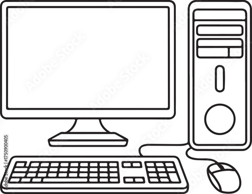 PC Tower with Keyboard and Mouse Vector – Minimal Outline Computer Icon Set