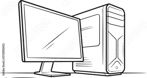 PC Tower with Monitor Outline Vector – Complete Desktop Setup Icon