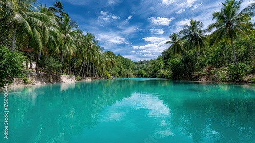 Exotic tropical resort pool with palm trees and turquoise water under a summer sky