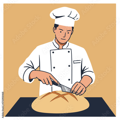 Chef cuts bread loaf with knife on counter, wearing hat, coat, in flat illustration