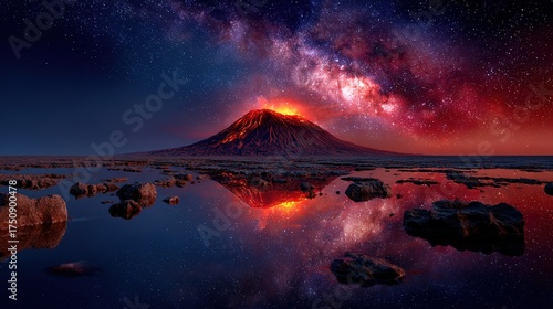Red orange sunrise light illuminates the sky over majestic mountain peaks and a serene blue lake