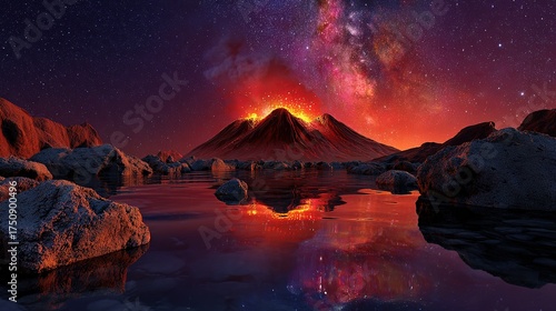 Striking orange and red clouds paint the rugged mountain landscape at sunset