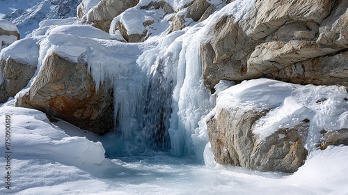 Mountain waterfall and icy river flow through a snowy winter landscape of frozen rocks and stone
